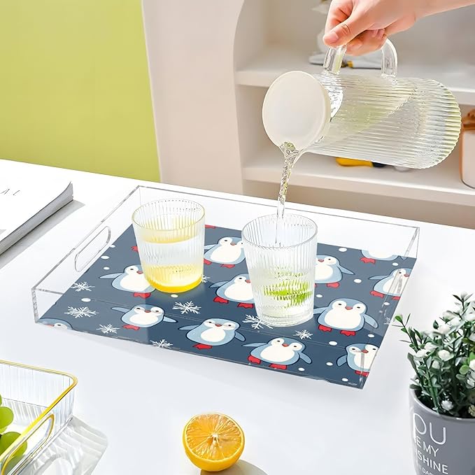 Serving Tray with Handles Clear Acrylic Tray 12x16 Inch Decorative Rectangular Tray Organizer for Ottoman Coffee Table Bathroom Grey Blue Penguin01