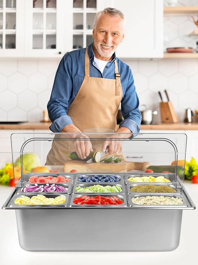 Kalolary Pizza Topping Storage Station, Stainless Steel Condiment Containers with Flip Lids Spoons Ice Box Food Tongs Ice Food Serving Display Container Salad Bar Buffet Station for Home Kitchen Party