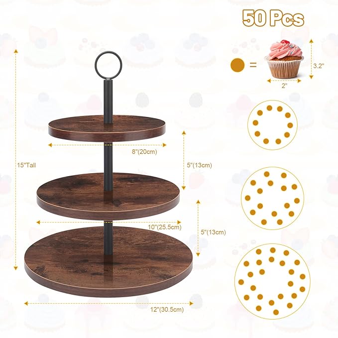 3 Tier Cupcake Stand, Large Tiered Serving Tray Cupcake Tower, Wood Veneer Serving Stand Display Dessert Cookie Candy Buffet Holder for Home Tea Party, Wedding, Farmhouse, Kitchen Decor-8"x10"x12"