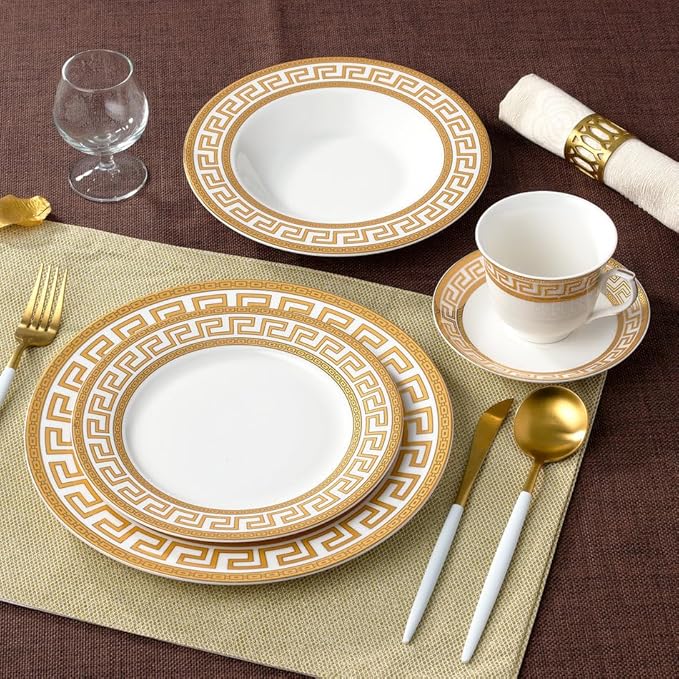 Euro Porcelain 20-pc Dinnerware Set w/ Gold Greek Key Pattern 24K Ornament, HQ Dining Service for 4
