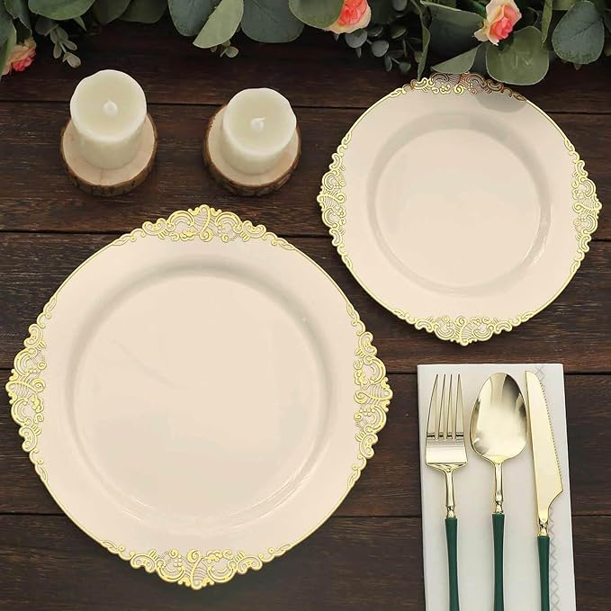 8" Salad Plates -Set of 20 - Plastic Ivory Round Baroque Disposable Chargers Leaf Embossed Rim, Ideal for Dinner Party Wedding Bulk Events