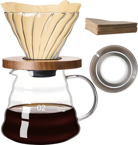 Pour Over Coffee Maker Set 20 OZ, Borosilicate Glass Coffee Server with 50 pcs V60 Paper Filter, Pour Over Coffee Dripper Carafe for Home Cafe Restaurant Camping