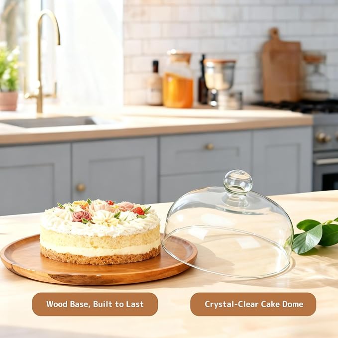 10 Inch Wooden Base Cake Display Stand with Glass Dome,Cloche Clear Glass Bell Jar Cover for Dessert Cheese Candy Plants Succulents