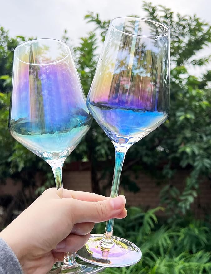 Iridescent Wine Glasses Set of 4-15oz Wine Glass, Hand Blown Crystal Red Wine or White Wine Glass, Gifts for Women, Men, Wedding, Anniversary, Christmas, Birthday, Gift Packaging