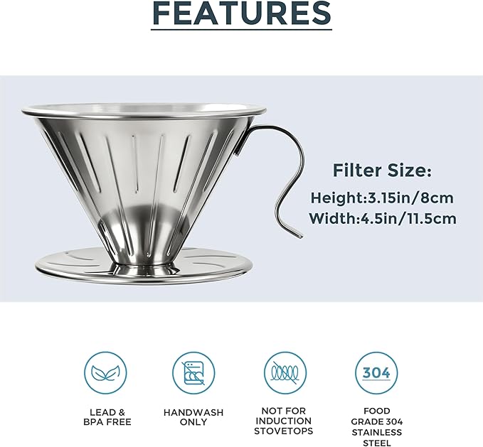 AGOGO Portable Pour Over Coffee Maker V60 Set - Easy Cleaning Compact 304 Stainless Steel Dripper for Camping & 50 Filters Paper & Cleaning Rag Silvery V60