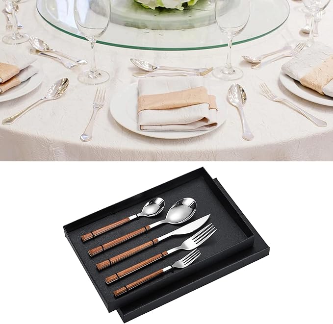 Stainless Steel Dinner Cutlery Set Elegant Flatware Serving Utensils 5 Pieces for Family Gatherings Wedding Picnics, Solid Stainless Steel (Wood Grain Handle)