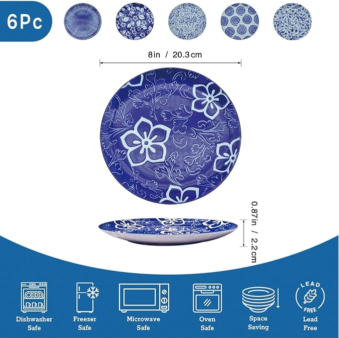 8 Inch Ceramic Dessert Salad Appetizer Pasta Steak Pancake Fruit Dinner Plates Set of 6, Premium Gift for House Warming, Birthday, Microwave/oven/Dishwasher Safe, Vintage Blue, Japanese Style