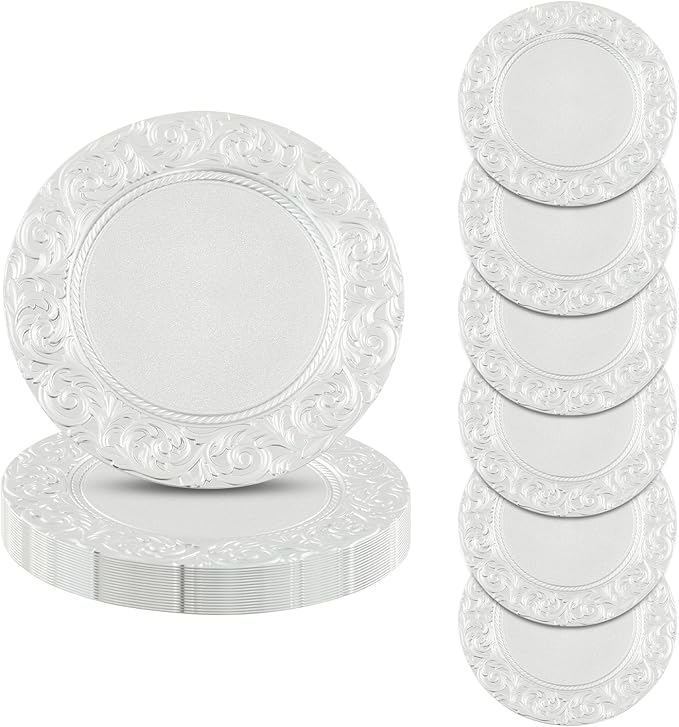 Sliver Plastic Charger Plates Set of 100,13” Reusable Party Chargers for Dinner Plates, Elegant Round Service Plate Chargers Bulk Decorative for Wedding, Catering Table Decor