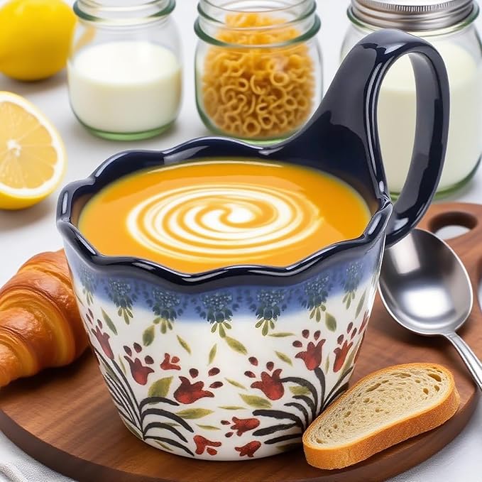 OZY Handpainted Soup Bowl with Handle,Ceramic Cereal Bowl Great for Soup, Ice cream, Fruits,Snack,Microwave &Dishwasher Safe (Polish Red Flower)