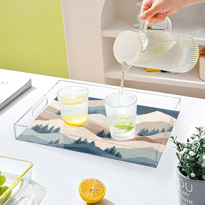 Serving Tray with Handles Clear Acrylic Tray 12x16 Inch Decorative Rectangular Tray Organizer for Ottoman Coffee Table Bathroom Mountain Landscape Trees