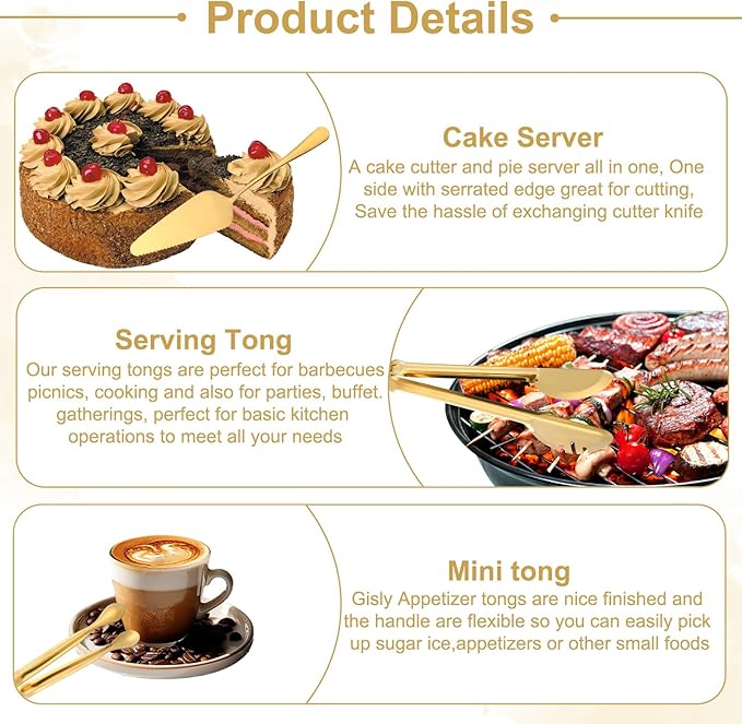 12Pcs Gold Serving Utensils Set, Stainless Steel Serving Utensils Set includes Serving Spoon, Serving Solted Spoons, Fork, Sugar Tongs, Food Tongs, Cake Spatula, Soup Spoon for Parties, Buffet