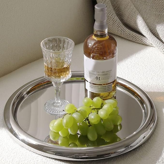 Stainless Steel Round Serving Tray, 35cm Mirror Polished Rustproof Tray with Smooth Edges for Drinks Snacks Desserts Whiskey Home Decor