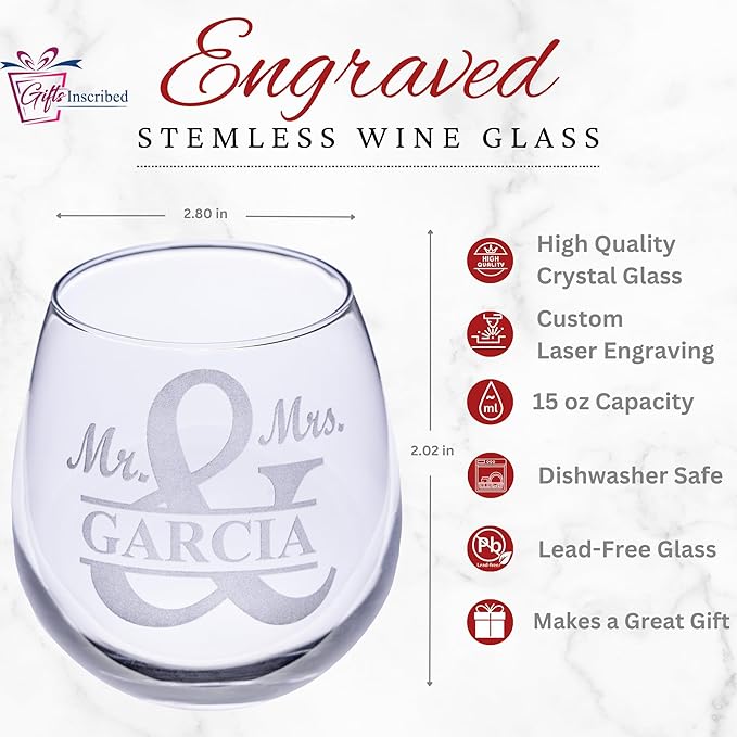 Gifts Inscribed Personalized Mr and Mrs Wine Stemless Glass Set of 2 – Custom Engraved Wedding Stemless Wine Glasses Gift for Couples, Engagement, Birthday, or Anniversary