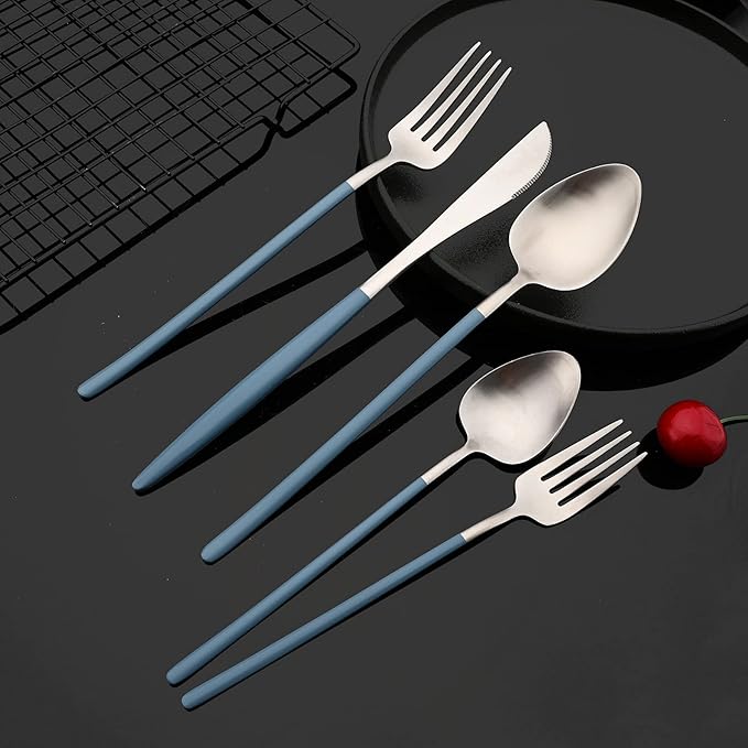 JASHII Matte Blue and Silver Silverware Set, 304 Stainless Steel Flatware Set Service for 4, Tableware Cutlery Set for Home Restaurant Party, Dinner Forks/Spoons/Knives, Slim Handle, Dishwasher Safe