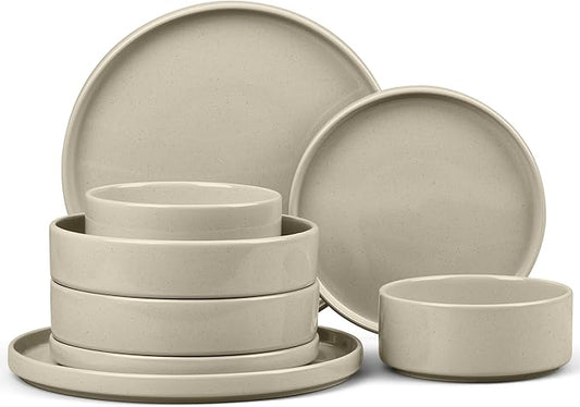 E-far 8-Piece Plates and Bowls Sets - Stoneware Dinnerware Sets with Pasta Bowls for 2 | Microwave & Dishwasher Safe Kitchen Modern Dish Set, Speckled Khaki