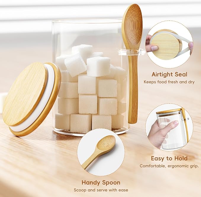 Coffee Sugar Container Salts Jars - 15oz Glass Airtight Caning with Bamboo Lids and Spoons Scoop, Storage Overnight Oats, Spice, Creamer, Food Organizer, Set of 3
