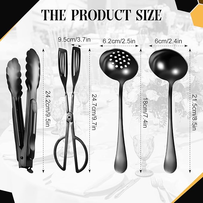 19 Pieces Serving Flatware Set Including Stainless Steel Spatulas, Forks, Spoons, Perforated, Soup, Skimmers Spoon, Buffet Tongs, Heavy Duty Serving Tongs for Home(Black)