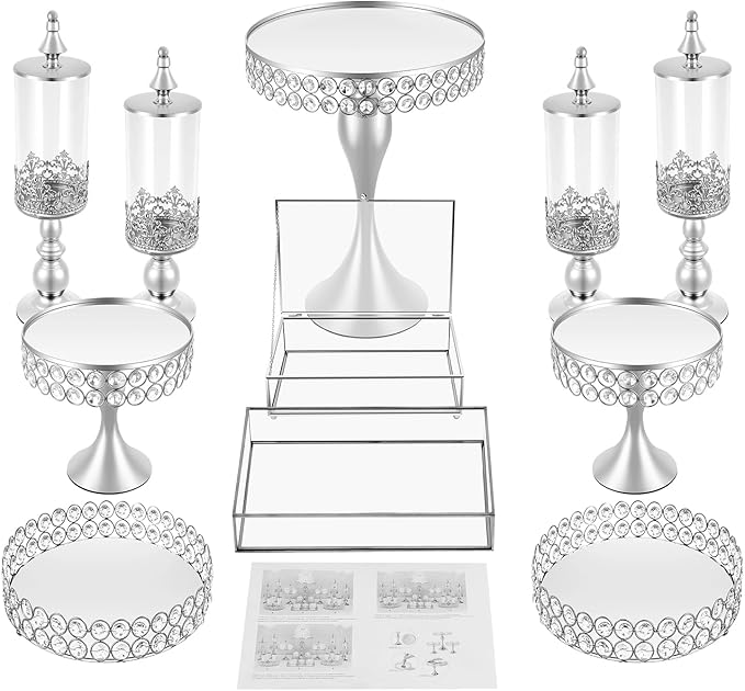 11-Piece Cake Stand Set, Silver Tiered Dessert Display Stands with Glass Trays & Acrylic Domes, Multi-Level Serving Platters for Wedding, Birthday Party, and Bakery Display