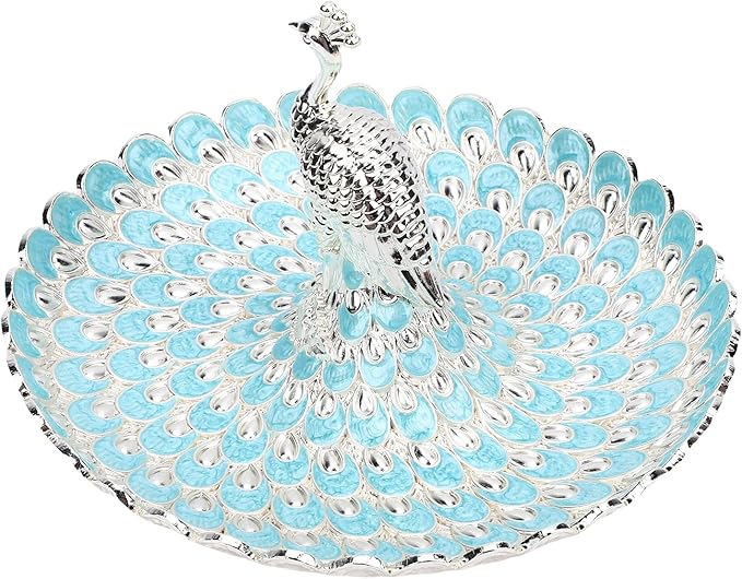 Peacock Shape Fruits Serving Tray, Zinc Alloy Fruits Storage Dish Trinket Decorative Plate with Detachable Peacock, for Vegetables, Snacks, Bread, Candy (Silver Light Blue)