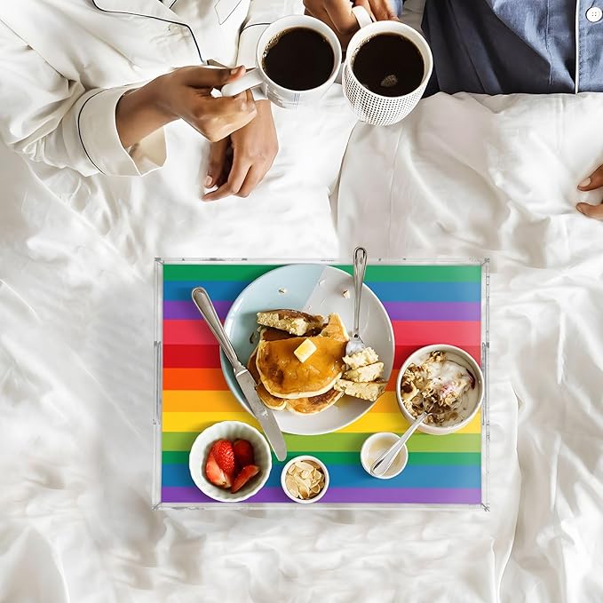 Serving Tray with Handles Clear Acrylic Tray 12x16 Inch Decorative Rectangular Tray Organizer for Ottoman Coffee Table Bathroom Rainbow Color Stripes