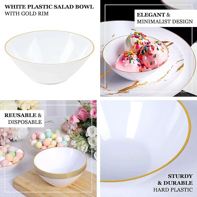 Efavormart 24 Pack | 7oz Glossy White/Gold Rim Heavy Duty Plastic Dessert Bowls, Premium Disposable Ice Cream Party Bowls