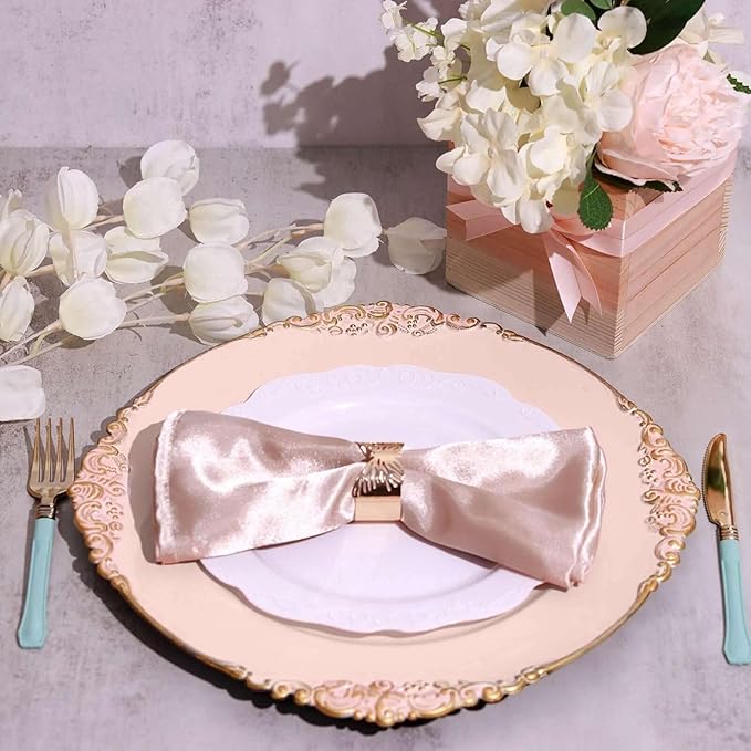 13" Charger Plates -Set of 12 - Acrylic Blush Round Baroque Disposable Chargers Leaf Embossed Rim, Ideal for Dinner Party Wedding Bulk Events