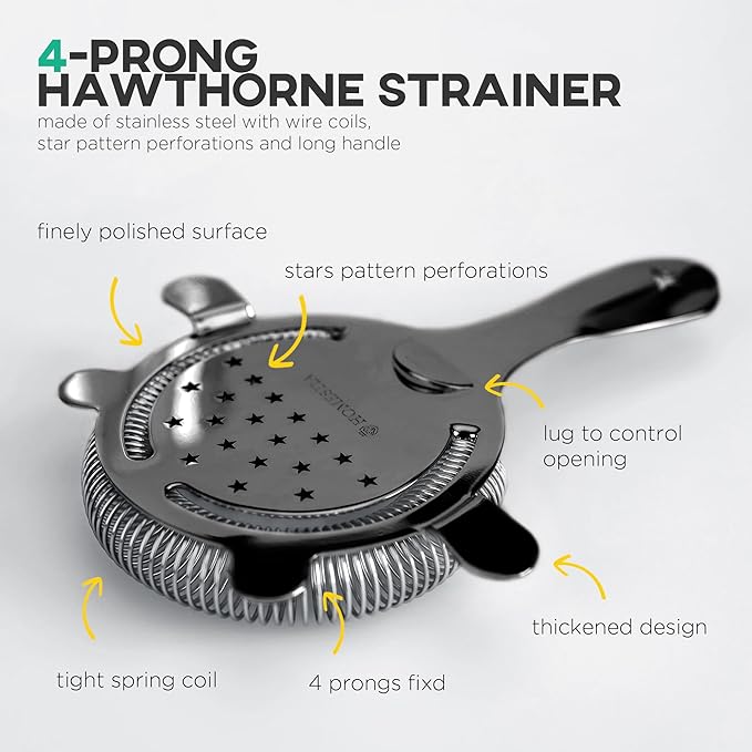Homestia Cocktail Strainer Set – Bar tools Stainless Steel Includes Hawthorne Strainer, Julep & Fine Mesh Cocktail Strainers, Mixing Spoon – Drink Shaker Strainer for Bartending (5 Pieces, Black)