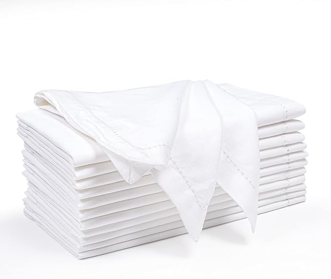 Ramanta Home White Coth Dinner Napkin Set of 12 Premium Cotton 18X18 Inch Linen Flax Hemstitched Soft & Durable Washable Ideal for Everyday Use Parties Thanksgiving Christmas Halloween