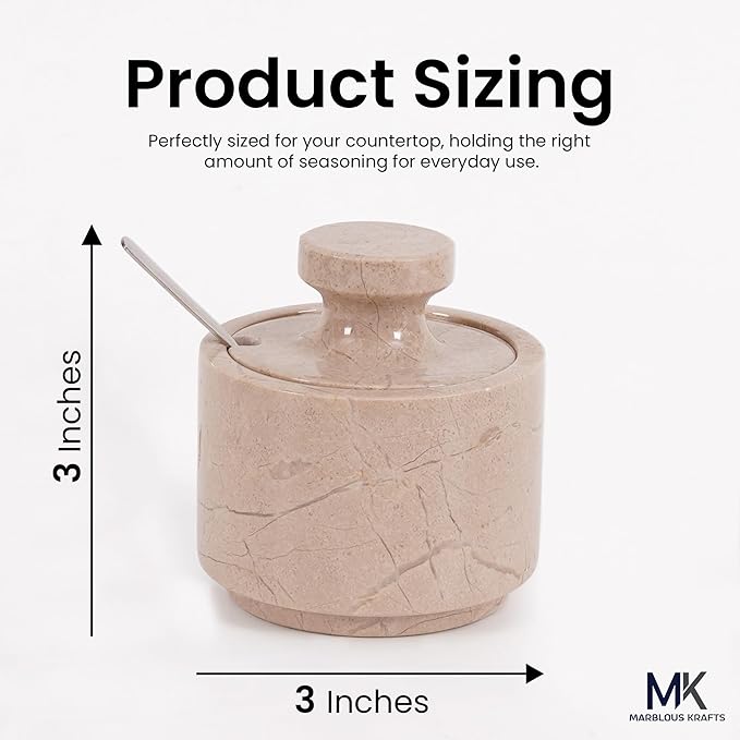 MARBLOUS KRAFTS Marble Salt Container with Lid & Spoon 3' Verona Pepper, Spices & Seasonings Jar for Kitchen Storage, Perfect Sugar Bowl & Salt Box Countertop Décor, Gift for Her