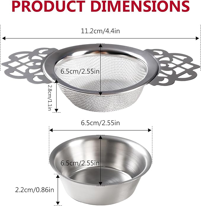 3 Pack Tea Filter Mesh 304 Stainless Steel Tea Drain Strainer 2.5 Inch Teapot Strainer With Petal Handles and Drip Bowl Tea Strainers for Loose Tea Juice Coffee Filter, Silver