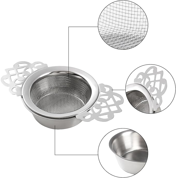 3 Pack Tea Filter Mesh 304 Stainless Steel Tea Drain Strainer 2.5 Inch Teapot Strainer With Petal Handles and Drip Bowl Tea Strainers for Loose Tea Juice Coffee Filter, Silver