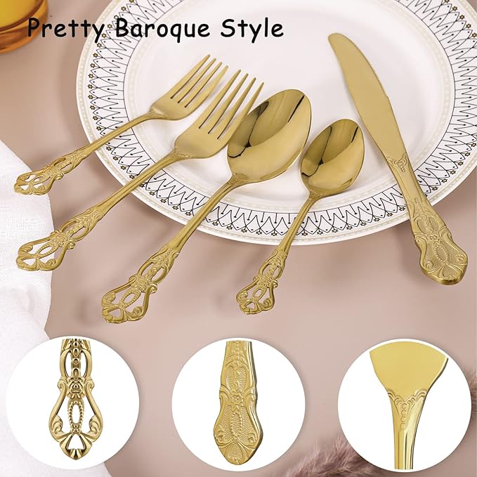 Gold Silverware Set for 12, Stainless Steel Gorgeous Retro Royal Flatware Set, 60-Pieces Cutlery Tableware set, Kitchen utensils set Include Spoons And Forks Set, Mirror Finish, Dishwasher Safe