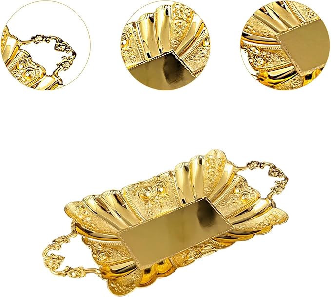 Metal Serving Tray with Handles 11.02x5.51x2.05inch European Style Mirror Fruit Plate for Candy Cupcake Dessert Bar Countertop Table Centerpiece Decor- Gold