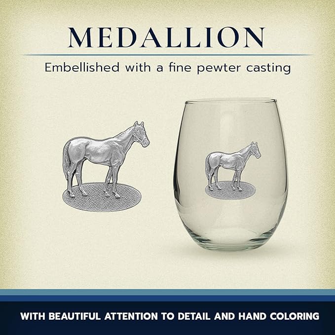 Heritage Pewter Racehorse Stemless Glass Goblets – Set of 2 | 15 OZ Goblet Wine Glasses | Expertly Crafted Pewter Glass