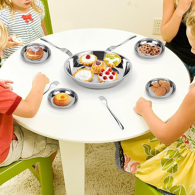 Patterned Deep Stainless Steel Plates, 8 Set 7 inch 201 Metal Food Serving Plate, Reusable Snack Eating Dishes Round Shatterproof Silver Dinnerware for BBQ Dinner Oven Dishwasher Safe