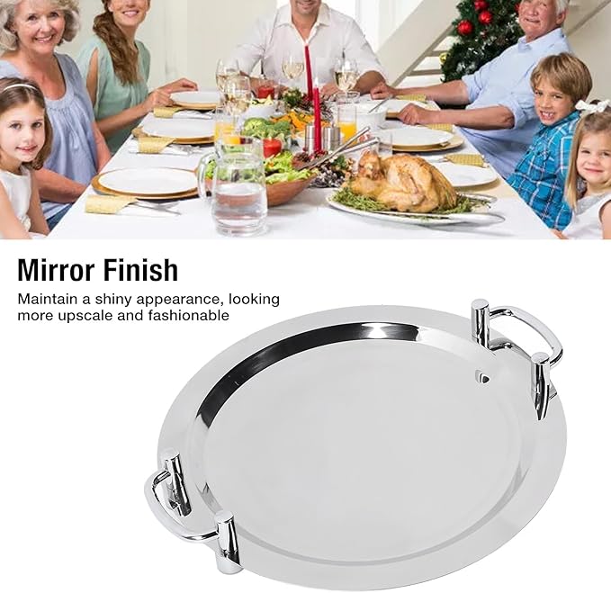 Stainless Steel Buffet Plate, Mirrored Silver Tray, Bright Mirror Finish Serving Tray with Handle for Hotel Restaurant Banquet (Square Length 43 cm) (Circular Diameter 40 cm)