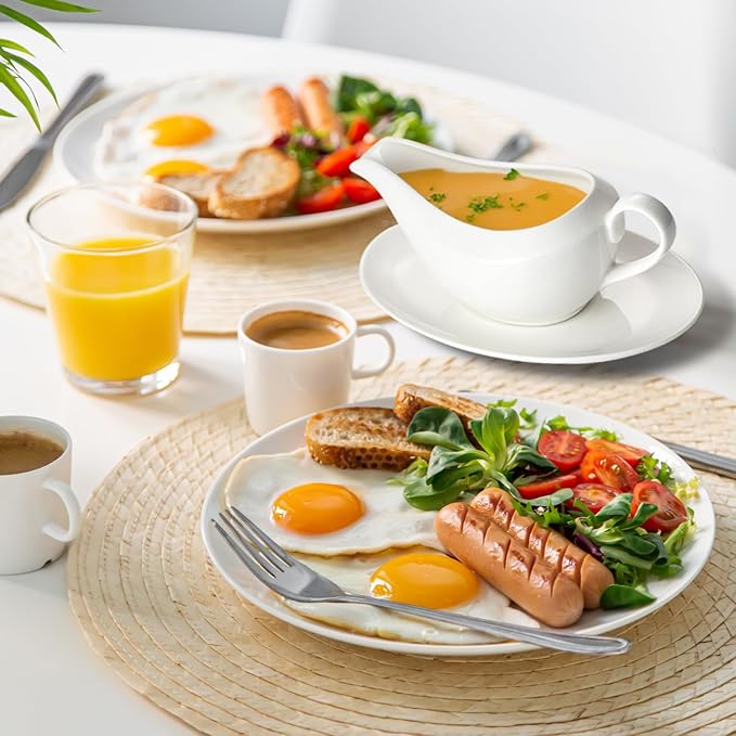 Gravy Boat with Saucer, 14oz Ceramic Gravy Bowl Sauce Boat with Tray for Broth, Salad Dressings, Cream, Milk and Black Pepper (white, Large)