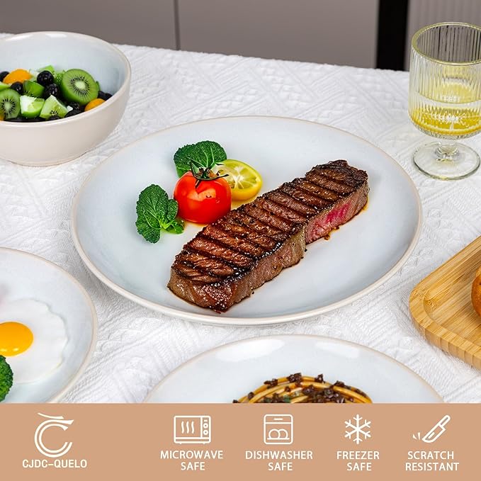 Plates and Bowls Sets for 4 - CJDC-QUELO 16-Piece Stoneware Dinnerware Sets, Ceramic Dishware Set for Kitchen Use and Formal Dining, Chip and Scratch Resistant Microwave Dishwasher Safe, Off White