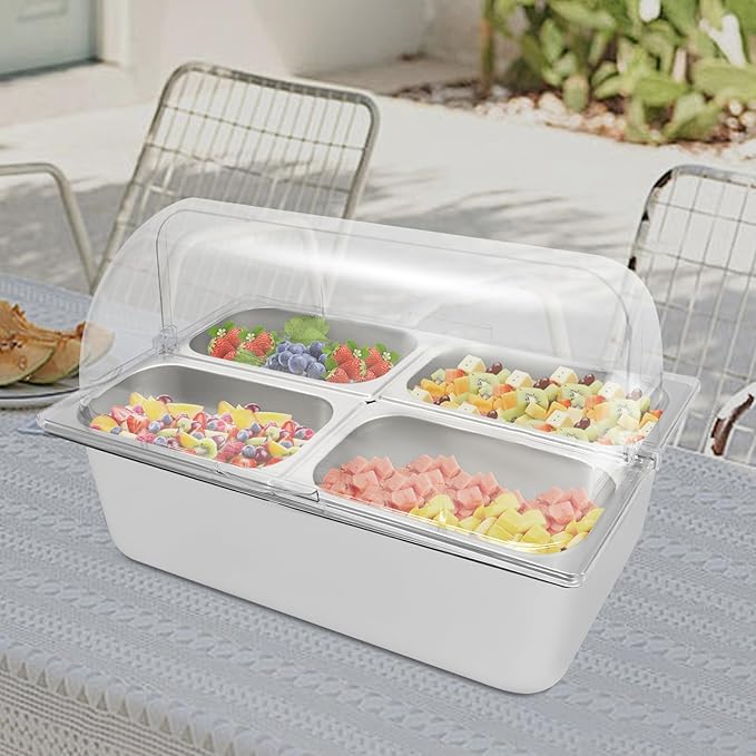 4 Pans Ice Food Serving Display Container w/Clear Roll Top Cover, Stainless Steel Serving Tray Catering Supplies Buffet Display Condiment Dispenser Plate Case for Restaurant Hotel Kitchen