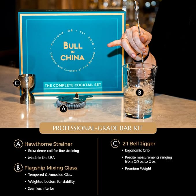 Shaken & Stirred Cocktail Set by Bull in China - Premium Bartender Gift Set w/ 2 Piece Weighted Shaker, Hammered Jigger, Hawthorne Strainer, Fine Mesh Strainer, Mixing Glass & Barspoon (Sliver)