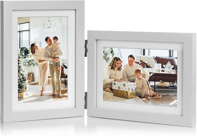 5X7 Double Wooden Hinged Picture Frame Vertical and Horizontal in White, Display 4x6 with Mat or 5x7 without Mat, Folding Photo Frame with Real Glass Front for Tabletop P-BAI-SH57
