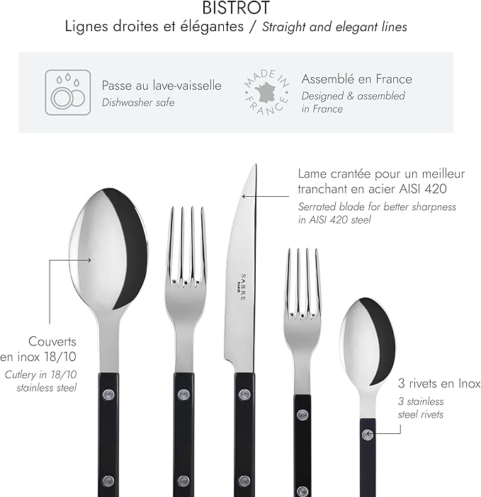 SABRE PARIS - 5-Piece Flatware Set - Bistrot Collection - Knife, Fork, Soup Spoon, Teaspoon & Dessert Fork - Stainless Steel & Nylon - Dishwasher Safe - Black - Brilliant Finish