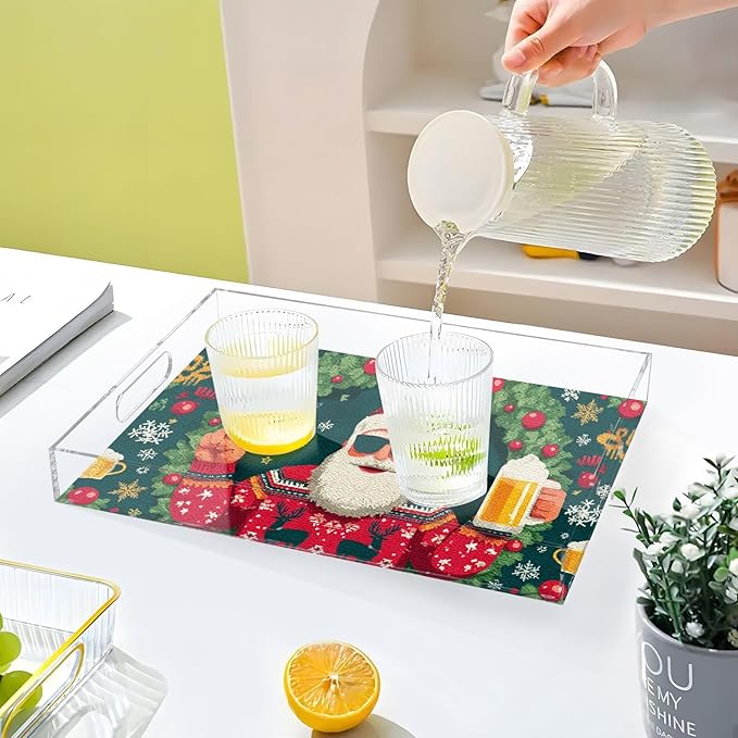 Serving Tray with Handles Clear Acrylic Tray 12x16 Inch Decorative Rectangular Tray Organizer for Ottoman Coffee Table Bathroom Christmas Santa Claus Snowflakes Green