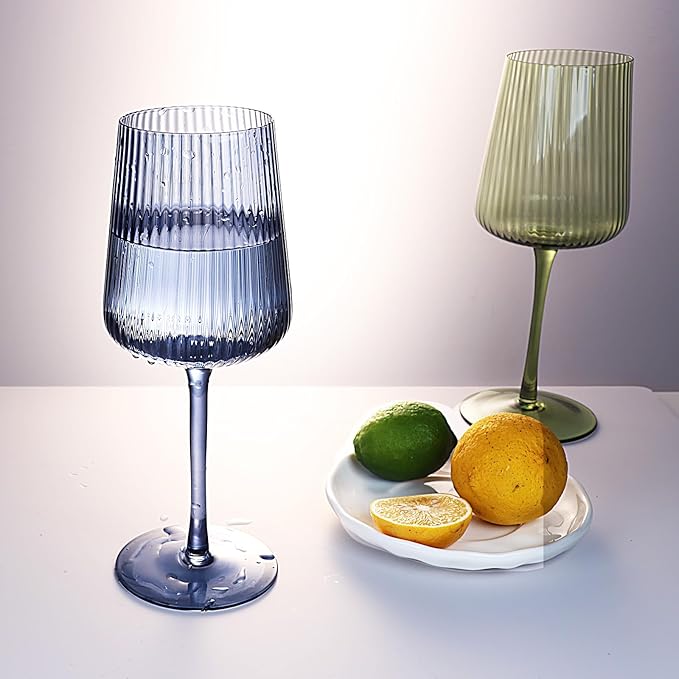 Hand Blown Ribbed Wine Glasses with stem, Lead-Free Crystal Glasses, Luxury Gift, Set of 4, Unique, 18oz Premium Wine Goblet, Large capacity, Fluted Design (Winter Colored)