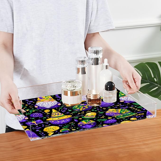 Serving Tray with Handles Clear Acrylic Tray 12x16 Inch Decorative Rectangular Tray Organizer for Ottoman Coffee Table Bathroom Purple Mardi Gras Gnome