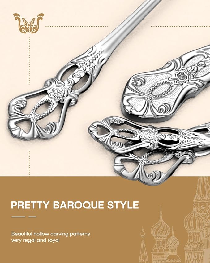 Stapava 60 Pcs Gorgeous Retro Royal Silverware Set, Stainless Steel Cutlery Flatware Set for 12, Include Forks Spoons and Knives set, Dishwasher Safe Utensils Set, Mirror Polished