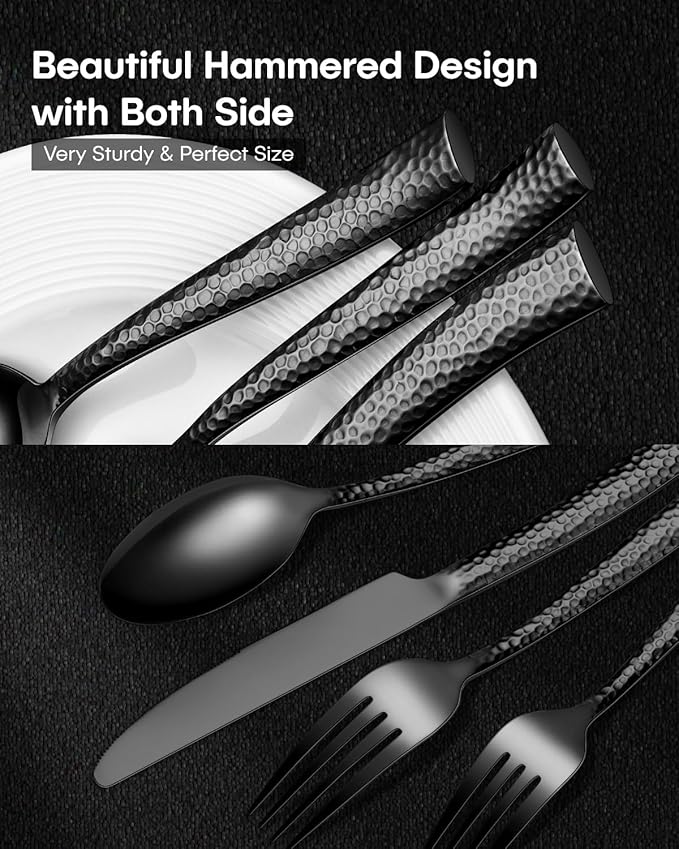EUIRIO 40-Piece Black Hammered Silverware Set, Stainless Steel Black Flatware for 8, Mirror Polished Tableware Cutlery Set for Home and Hotel, Includes Forks, Spoons and Knives, Dishwasher Safe