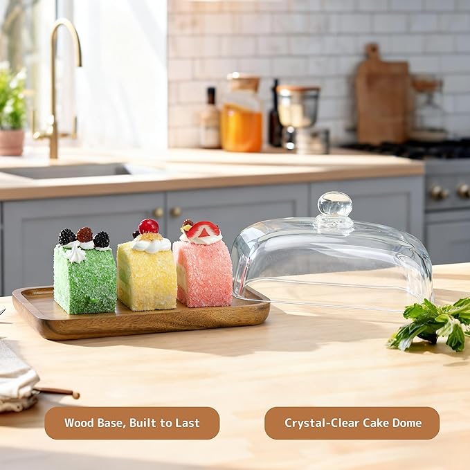 1 Pack Rectangular Wooden Cake Stand with Glass Dome,Small Cake Plate Holder with Clear Glass Bell,Cake Display Server Tray for Kitchen,Birthday Parties,Weddings,Baking Gifts (4.6 x 7in)