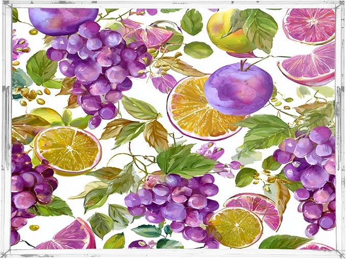 Serving Tray with Handles Clear Acrylic Tray 12x16 Inch Decorative Rectangular Tray Organizer for Ottoman Coffee Table Bathroom Purple Grapes with Leaves and Fig