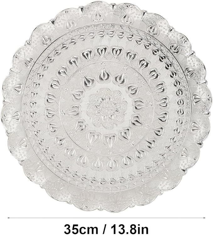 Turkish Tea Coffee Serving Tray Vintage Style Embossed Pattern Round Coffee Plate Makeup Jewelry Dessert Elegant Retro Bar Outdoor Metal (Silver)